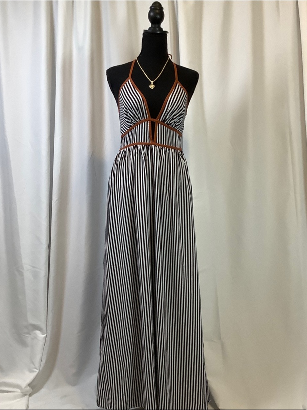 Black & White Striped Maxi Dress with Brown Trim
